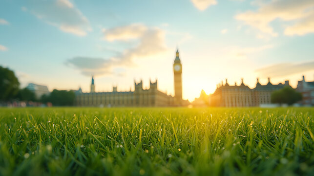 Sunset over City: A blurred view of a city skyline at sunset, seen from a low angle perspective in a grassy field.