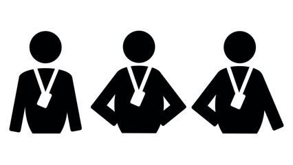 Collection of black staff icons, set of people with identification cards for entry, silhouettes of workers or assistants at work with neckband badge