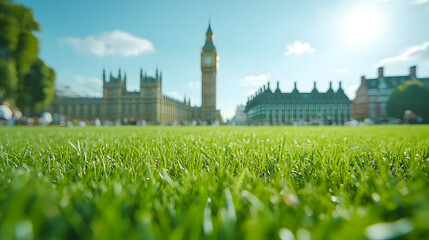 Lush green grass with a distant architectural backdrop under a sunny sky evokes tranquility. City meets nature in a vibrant, blurred view.