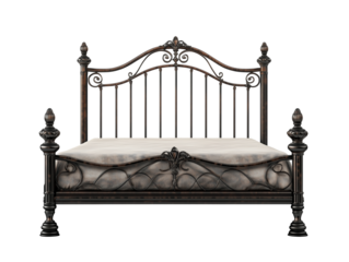 Wrought iron queen size bed, insulated on a white background