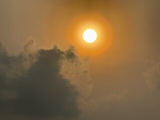 Close up of sun at sunset showing vibrant rings around sun