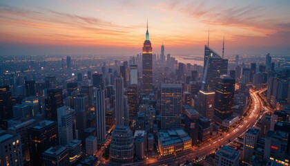 Obraz premium Aerial view of New York City skyline at sunrise