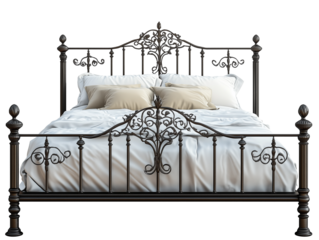 Wrought iron queen size bed, insulated on a white background