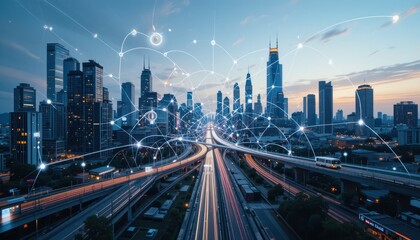 Obraz premium Smart City Network Dawn Skyline, Connected Urban Infrastructure