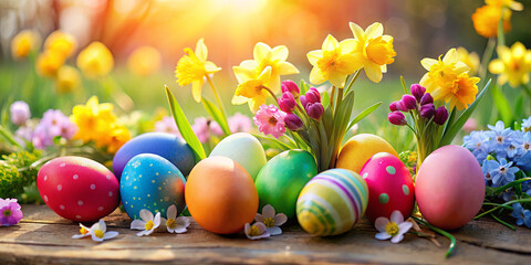 Vibrant Easter eggs in various colors rest among cheerful spring flowers, capturing the essence of the holiday. Sunlight filters through the blooms, creating a festive atmosphere