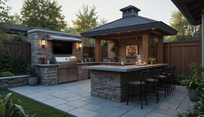 Fototapeten Outdoor kitchen, pavilion, backyard, sunset, grilling, entertainment area, design, landscaping © afif