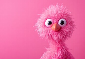 Fototapeta premium A pink stuffed bird with big eyes and a pink beak