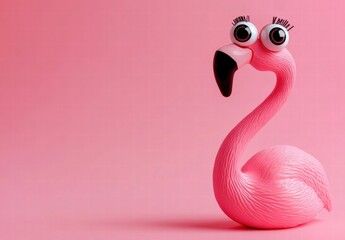 Fototapeta premium A pink flamingo with big eyes stands on a pink background