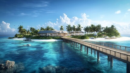 Fototapeta premium Beautiful Maldives paradise. Tropical aerial travel landscape, seascape with wooden bridge, water villas, amazing sea sand sky beach, tropical island nature. Exotic tourism destination summer vacation