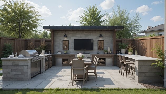 Modern outdoor kitchen, backyard entertainment, patio,  sun-drenched space