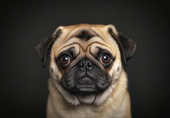 A pug dog with its eyes closed and looking at the camera