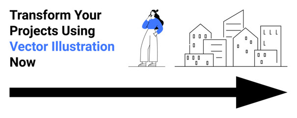 Woman in blue sweater thinking near minimalist cityscape. Large black arrow highlights direction and progress. Ideal for creativity, innovation, planning, navigation, ambition, urban development