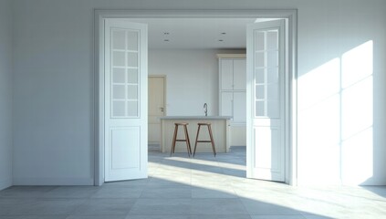 A kitchen with a white door and a window