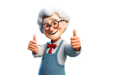 Happy grandmother giving two thumbs up, showing approval and agreement. Funny cartoon character in 3d style design