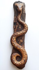 Fototapeta premium Sculpture, Wood Carving, Snake, on White Background, Abstract Image, Texture, Pattern Background, Wallpaper, Smartphone Cover and Screen, PC, Laptop, 9:16 and 16:9 Format