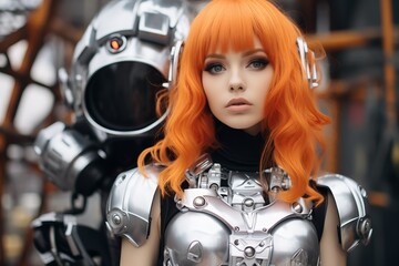A model poses confidently in sleek metallic armor, featuring striking orange hair and bold makeup.