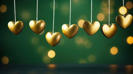 Gold hearts on a green background. Valentine's day, wedding and love concepts. 3D rendering illustration.