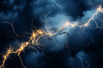 Dark storm clouds gather as intense lightning strikes across the sky, illuminating the night and creating a dramatic atmosphere filled with tension and energy.