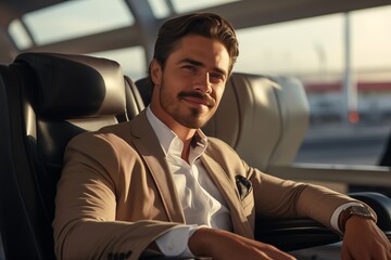 A well-dressed man sits comfortably in a sleek seat, exuding confidence and relaxation. The warm light of sunset creates a serene atmosphere at a contemporary transport hub.