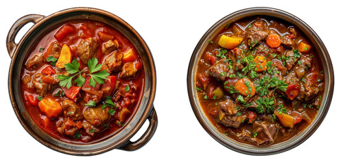 goulash dish in clay pot clipart set on transparent background seen from above