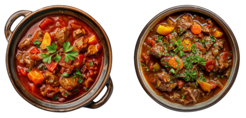 goulash dish in clay pot clipart set on transparent background seen from above