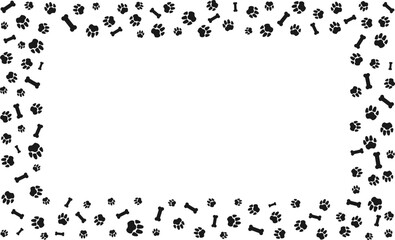 Rectangular frame with pet paw prints and bone with blank space for text.   Black silhouette track of dog or cat paw prints Pet paw prints frame for decorating shop windows, websites, etc. Vector  