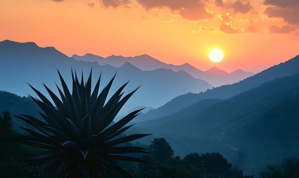Agave plant silhouette against a mountain range at sunset with beautiful orange sky