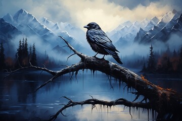 A raven stands proudly on a weathered branch, gazing over a tranquil lake. The backdrop features majestic mountains shrouded in mist, illuminated by the soft hues of sunset.