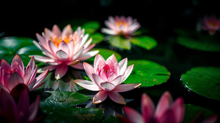 zen japanese garden pond wallpaper with pink waterlilies as peaceful meditative background	