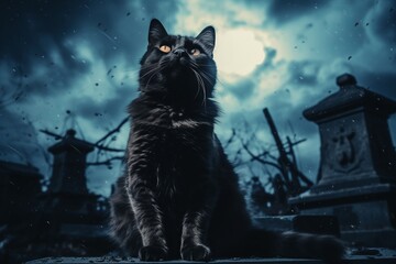 A black cat sits gracefully atop a gravestone in an eerie cemetery. Its glowing eyes stand out against the dark surroundings and gloomy atmosphere, creating a mystical scene.