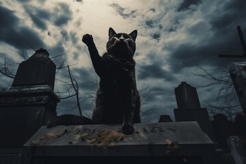 A black cat stands on a gravestone, lifting its paw towards the ominous sky filled with dark clouds. The surrounding cemetery adds a spooky atmosphere, enhancing the mysterious vibe.