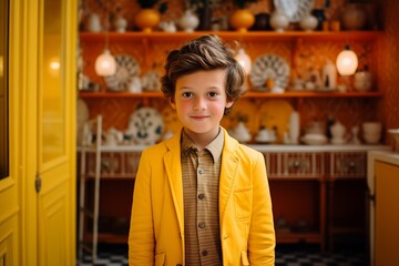 A young boy stands with a cheerful expression, wearing a bright yellow jacket in a welcoming interior.