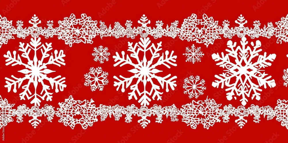 Poster A red Christmas card with white snowflakes, showcasing a simple line drawing and leaving room for text in the middle of the image.