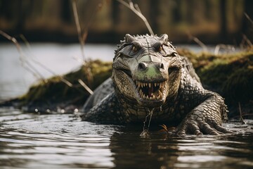 A large crocodile swims close to the shore, partially submerged in calm water. Its sharp teeth are visible while it observes its surroundings in a serene natural environment.