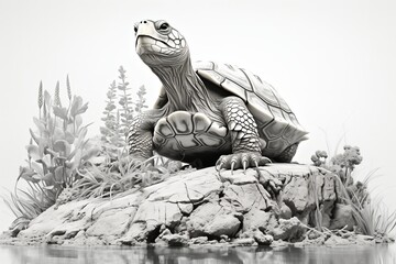 Giant tortoise exploring its natural habitat under soft sunlight in a serene landscape