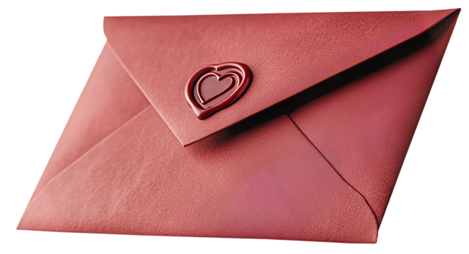 Pink glitter envelope with heart-shaped wax seal, vintage romantic design, isolated on transparent background, PNG format, ideal for love letters and invitations