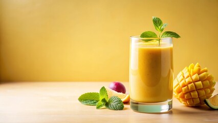 Fototapeta premium sleek and minimalist mango smoothie design, showcasing fresh mango and mint against a soft yellow background. Perfect for clean, stylish food photography