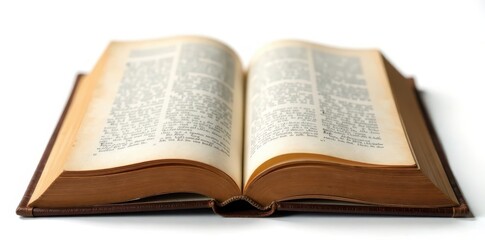Fototapeta premium Open antique book, isolated on white Shows aged pages & texture , brown, learning, paper