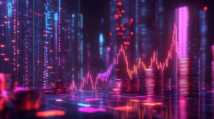 Fototapeta premium Futuristic Financial Growth Visualization, A digital representation of financial growth, featuring stacks of coins, glowing graphs