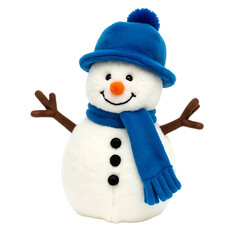 A plush snowman wearing a blue hat and scarf is featured. The snowman has twig arms, a carrot nose, and button details