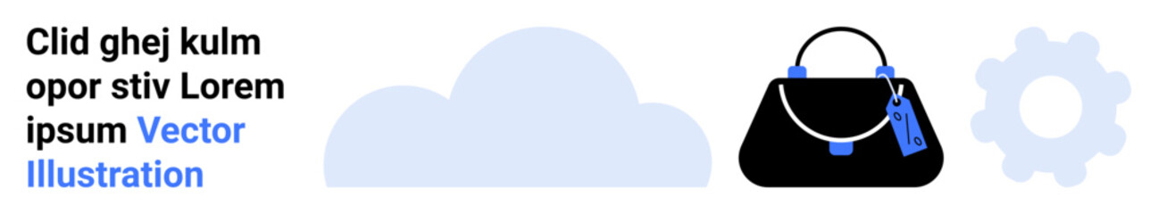 Black handbag with blue details, cloud shape, and gear silhouette. Ideal for fashion, e-commerce, technology, cloud services, productivity branding overall design theme. Flat landing page banner