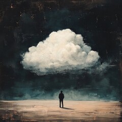 Fototapeta premium Solitary Figure Gazes Up at Majestic Cloud in Dreamy Landscape
