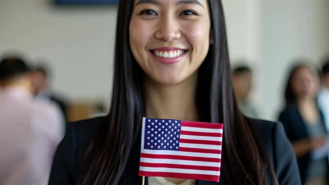 Happy smiling Female young asian immigrant holding a small US flag the day of her naturalization ceremony	

