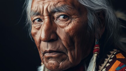Elderly native american man with feather adorned hair and traditional clothing