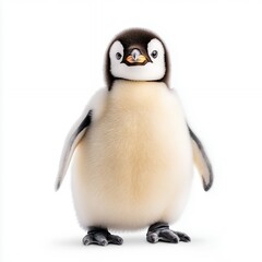 Obraz premium Adorable Fluffy Penguin Chick Poses Against White Background