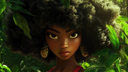 Young african female among lush leaves with natural hair and intense gaze