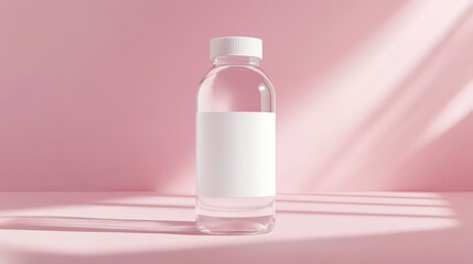 Clear water bottle with white label on a pink background. Hydration and health concept.