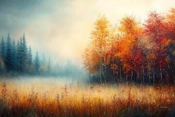 Obraz premium Autumn forest sunrise, misty meadow, fall foliage, nature scene, landscape art