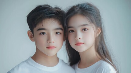 Asian young siblings in white shirts facing camera with soft expressions