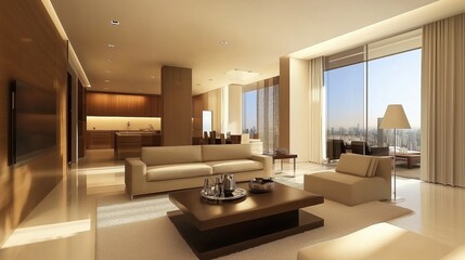 Fototapeta premium Elegant modern living room with panoramic city view during daytime, Mocha Mousse trend color